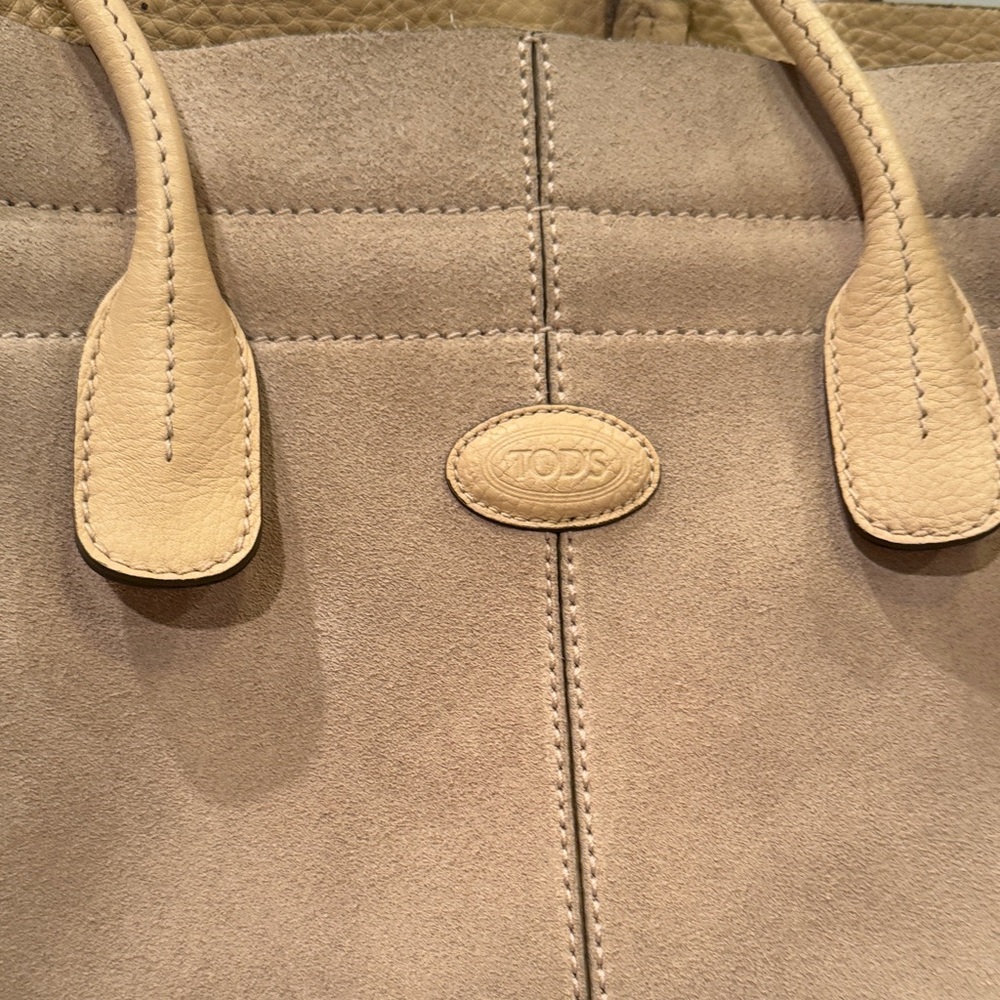TOD'S Light Beige Suede Tote with Smooth Leather Trim